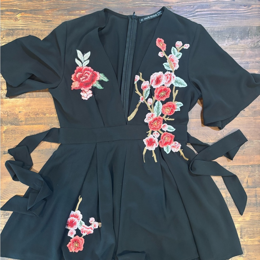 Floral Embroidered Black Romper